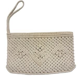 Vintage Macramé Clutch Handbag Cream Wristlet Boho Chic 1970s